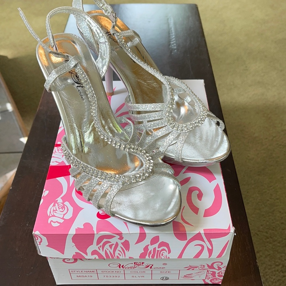Silver open toe heels